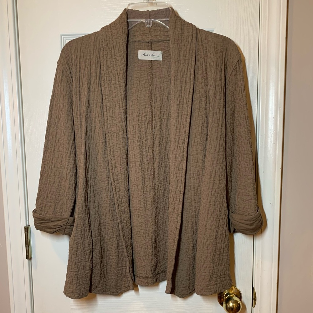 Mod-o-doc Walnut Brown Open Front Basket Weave Jacquard Knit Jacket, S, NWOT